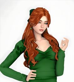 a woman with long red hair wearing a green dress and holding her hand on her hip