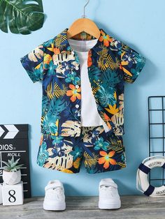 Baby Boy Tropical Leaves Beach Vacation Short Sleeve Shirt And Shorts Set Multicolor   Short Sleeve Woven Fabric Tropical,Plants  Non-Stretch  Baby Boys Clothing, size features are:Bust: ,Length: ,Sleeve Length: Shirt And Shorts Set, Baby Boy Summer, Animal Print Shirts, Shirt And Shorts, Slim Fit Top, Boys Set, Summer Boy, Summer Baby, Boys Clothing