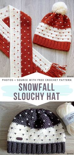 a crocheted hat and scarf with the text, snowball slouchy hat