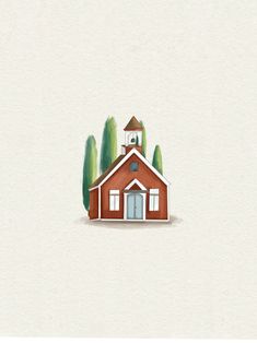 an illustration of a church with trees around it