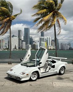 a white sports car with its doors open in front of palm trees and the city skyline