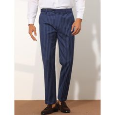 The slim-fit suit trousers with a vertical stripes design are modern, elegant, and stylish. Different from ordinary striped pants, these pants have a contrasting striped pattern design that is more fashionable. Pair with a dress shirt, polo shirt, blazer, and shoes for a smart business or casual look. Perfect for formal occasions such as weddings, dates, office working, proms, parties, etc. Blue Straight Pants With Vertical Stripes, Elegant Striped Straight Dress Pants, Striped Straight Leg Business Pants, Straight Leg Striped Pants For Business, Elegant Striped Pants With Welt Pockets, Pinstripe Dress Pants For Business, Business Straight Pants With Vertical Stripes, Formal Dress Pants With Vertical Stripes And Straight Leg, Business Dress Pants With Vertical Stripes