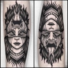 two black and white tattoos on both legs, one with an image of a woman's face