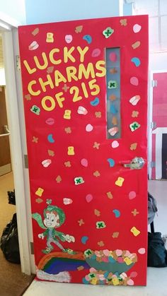 the door to lucky charms off is decorated with stickers and confetti on it