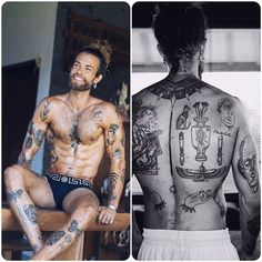 a man with tattoos on his back sitting next to another man with tattoos on his chest