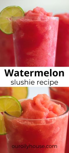 watermelon slushie recipe with limes on top and in the background