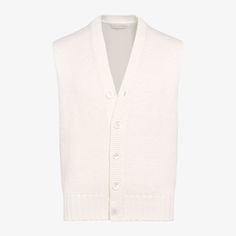 This refined off-white sleeveless cardigan is tailored slim and completed with genuine mother of pearl buttons. Elegant Sleeveless Wool Top, White V-neck Vest Outerwear, Classic Cotton Sweater Vest For Spring, White Cotton Cardigan For Work, White Cotton Workwear Cardigan, White Formal Sleeveless Top, Classic Fitted White Vest, Fitted White Classic Vest, Classic White Fitted Vest