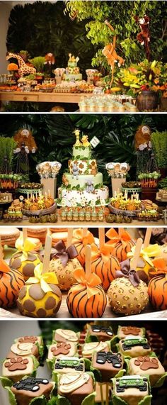 an assortment of desserts are displayed in different styles and colors, including tiger - themed cookies