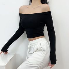 Black Off Shoulder Long Sleeve Knit Pullover T-Shirt - SweatshirtsHoodies.com Black Off Shoulder, Cotton Crop Top, Crop Top And Shorts, Pullover Shirt, Knit Pullover, Crop Sweatshirt, Pullover Sweatshirts, Long Sleeve Knit, Knitted Pullover