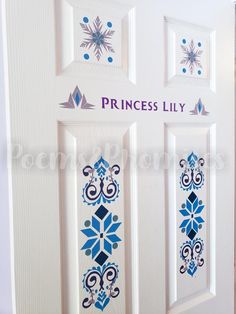 the princess lily door is decorated with blue and white designs on it's sides