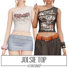 two women in short skirts and tops with the words jolsie top on them