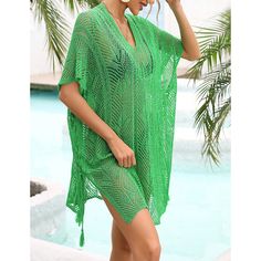 Green Hollow-out V Neck Knitted Beach Cover Ups Green V-neck Cover-up For Beach Season, Casual V-neck Open Knit Cover-up, Beach Green Knit Tops, Summer Vacation Open Knit Cover-up, Green V-neck Cover-up For Beach Party, Green V-neck Beach Party Cover-up, V-neck Green Cover-up For Beach Season, Knit V-neck Beach Cover-up, Green V-neck Beach Season Cover-up