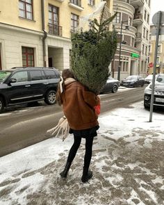 a woman walking down the street carrying a christmas tree on her back