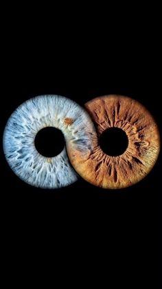 two blue and one brown eyeballs are shown in the dark, with an orange iris