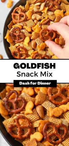 goldfish snack mix in a skillet with text overlay that reads, goldfish snack mix dash for dinner