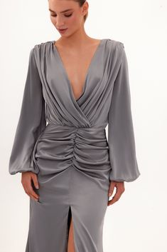 Fancy silver silk maxi evening dress ➤➤ Milla Dresses - USA, Worldwide delivery Silver Draped Evening Dress, Elegant Gray V-neck Evening Dress, Silk Maxi Dress With Surplice Neckline For Party, Elegant Party Dress With Gathered Sleeves, Elegant Party Evening Dress With Gathered Sleeves, Gray Satin Party Dress, Chic Silver Ruched Dress, Silver Ruched Formal Dresses, Evening Satin Dress With Gathered Sleeves