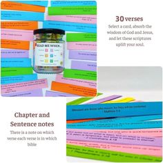 an ad for the bible with colorful sticky notes and a jar full of writing material