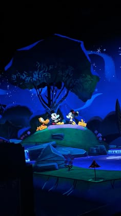 an animated scene with mickey mouse and pluto in the dark forest at night, on stage