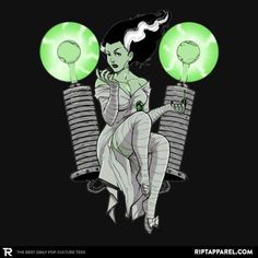 a drawing of a woman sitting on top of two chairs with green lights above her