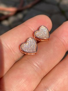 "Amazing stud earrings Solid 925 sterling silver with 14k rose gold plating Stamped 925 for authenticity Wont turn your ears green! 2ct vvs man made diamonds SUPER ICY About 0.5\" (12.5mm) wide perfect large size! Pair weighs around 3.6 grams Screw backs for a secure fit!" Heart Shaped Diamond Earrings, Heart Shape Earrings, 10k Gold Chain, Red Stone Ring, Diamond Ice, Colored Engagement Rings, 2 Earrings, Heart Shaped Earrings, Man Made Diamonds