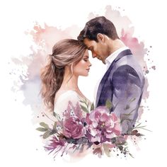 a watercolor painting of a bride and groom holding each other's foreheads