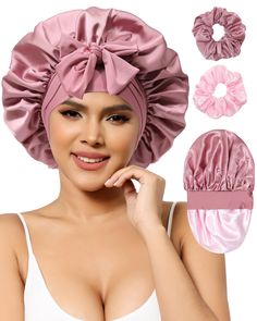 PRICES MAY VARY. REVERSIBLE SATIN BONNET FOR SLEEPING GIVES YOU A VARIETY OF CHOICES - The reversible silk bonnet for sleeping women has two colours to wear, both practical and beautiful, match with different styles of pajamas and loungewear, meet your daily wear needs, give you a variety of choices, suitable for most age groups of women and men. WIDE AND LONG STRETCHY TIE BAND BONNET FOR A MORE SECURE FIT - The silk hair bonnet for sleeping has a 2⅗ inch wide elastic band that grips and holds t Sleeping Curly Hair, Bonnet Aesthetic, Dry Hair Ends, Satin Hair Wrap, Hair Wraps For Sleeping, Sleep Bonnet, Fancy Robes, Silk Hair Bonnets, Satin Bonnets