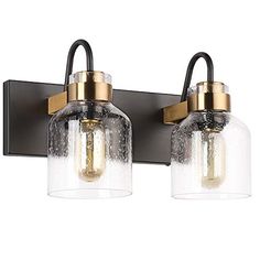 two light bathroom fixture with clear glass and gold accents on the back of the wall