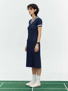 This is a trendy and casual dress by MENASOO that is made out of high quality and sturdy material. With distinctive mood of the design and comfortable wear, you can style it for your casual daily outfit.- Color point on the neck and cuffs ribbing- Logo embroidery on the front chest- Sporty and casual mood Modern Cotton Midi Dress, Navy Cotton Midi Dress, Casual Cotton Midi Dress For Loungewear, Navy Cotton Casual Dress, Casual Cotton V-neck Midi Dress, Casual Stretch Midi Dress For Loungewear, Sporty Spring Dresses For Daywear, Casual V-neck Midi Dress For Loungewear, Casual Navy Dress For Workwear