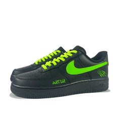 Step into style with the Custom Air Force 1 Low Black Green Swoosh, a distinctive blend of bold color contrast and classic design. Perfect for those who want to make a statement while maintaining a timeless aesthetic. Key Features: Distinctive Colorway: The striking contrast of black and green creates a dynamic look that catches the eye. The black base provides a sleek backdrop, while the green Swoosh adds a vibrant pop of color. Premium Materials: Crafted from high-quality leather, these sneakers ensure both durability and comfort. The black upper is complemented by a contrasting green Swoosh for a modern, edgy appeal. Iconic Design: Maintaining the classic Air Force 1 silhouette, this custom design features the signature perforated toe box and iconic Swoosh. The color contrast enhances t Green Low-top Urban Custom Sneakers, Green Low-top Nike Air Force 1 For Streetwear, Lime Green Nike Air Force, Nike Air Force 1 Low-top Black With Contrast Sole, Green Low-top Sneakers With Logo Patch, Custom Air Force 1, Timeless Aesthetic, Air Force 1 Low, Iconic Design