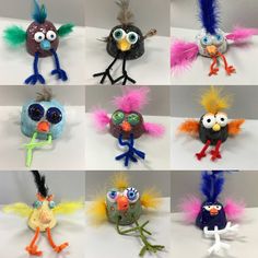 many different types of stuffed animals with big eyes and feathers on their heads are shown