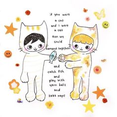 two cats are shaking hands with each other on a white background surrounded by stars and confetti