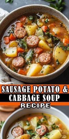 🍲 Sausage, Potato & Cabbage Soup – a hearty, flavorful, and comforting dish perfect for cozy nights! This one-pot recipe is loaded with savory sausage, tender potatoes, and fresh cabbage, making it the ideal soup for family dinners or meal prep. Try it today and enjoy the perfect blend of hearty ingredients in every bite! 👩‍🍳 📌 Save this Pin for later! #SausagePotatoSoup #CabbageSoupRecipe #ComfortFood #HeartySoup Potato Sausage Cabbage Soup, Soups With Cabbage And Sausage, Kielbasa Cabbage And Potatoes Soup, Cabbage Sausage And Potato Soup, Cabbage Sausage Potatoes Soup, Cabbage Soup With Potatoes, Cabbage Soup With Kielbasa, Smoked Sausage Cabbage Soup, Kielbasa Cabbage Potato Soup