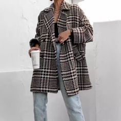 F00286913-202 Houndstooth Coat, Normal Body, Long Sleeve Coat, Long Sleeves Coats, Woolen Coat, Outerwear Coats, Basic Style, Casual Fits, Urban Fashion