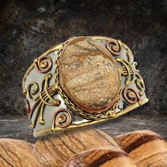 Mixed Metal Statement Cuff Bracelet - Picture Jasper UrbanroseNYC Gemstone Cuff Bracelet, Statement Cuff Bracelet, Wide Cuff Bracelets, Mixed Metal Jewelry, Jewelry Picture, Handcrafted Artisan Jewelry, Picture Jasper, Wide Cuff, Statement Bracelet