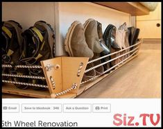 a shelf filled with lots of shoes on top of a wooden floor