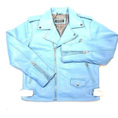 Kashani Men's Sky Blue Lambskin Biker Jacket - Dudes Boutique Fitted Blue Biker Jacket With Zipper Closure, Blue Leather Outerwear For Streetwear, Blue Leather Streetwear Outerwear, Fitted Blue Biker Jacket With Long Sleeves, Blue Moto Outerwear With Long Sleeves, Blue Leather Jacket For Streetwear With Long Sleeves, Blue Biker Jacket For Winter Streetwear, Blue Leather Jacket For Streetwear, Blue Long Sleeve Biker Jacket For Motorcycling