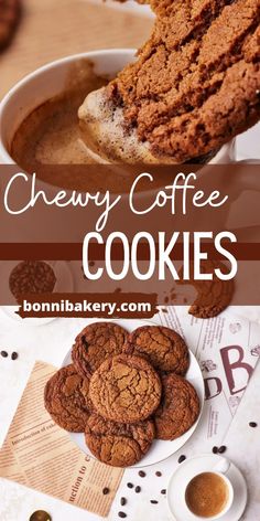 chewy coffee cookies on a white plate next to a cup of coffee