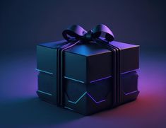 a black box with a purple bow on it's top and the lid is lit up