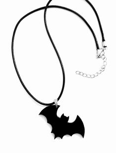 Bat design pendant. Laser cut from 3mm black acrylic. Attached to a black waxed polyester twisted necklace. Necklace length is 18, 20 or 22 inches. Size of acrylic pendant is approx. 35mm. Black Pendant Necklace For Halloween, Adjustable Black Necklace For Halloween, Trendy Black Jewelry With Adjustable Cord, Black Pendant Jewelry For Halloween, Black Resin Pendant Jewelry, Trendy Black Pendant Necklace, Black Necklace With Adjustable Cord As Gift, Bacardi Black, Twisted Necklace