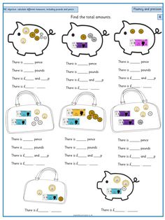 worksheet with piggy bank and purses for kids to practice counting money