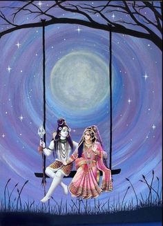 two people sitting on swings in front of a full moon sky with trees and grass