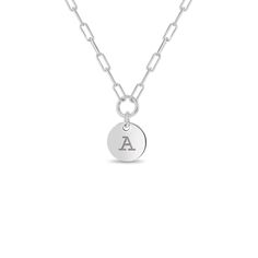 This beautiful personalized paperclip chain necklace makes for a fun and meaningful gifting experience for the young girl in your life. This round engravable pendant can be personalized to feature the name or initials of your little girl. Made from 925 sterling silver, this hypoallergenic necklace will not irritate her sensitive skin. A fun paperclip chain necklace that measures 16" with an extra 1" room for growth. Gift box included. Everyday Round Pendant Charm Necklace With Paperclip Chain, Minimalist Personalized Link Necklace, Paperclip Charm Necklace With Cable Chain For Gifts, Gift Round Charm Necklace With Paperclip Chain, Minimalist Initial Necklace With Paperclip Chain As Gift, Personalized Oval Link Necklace For Everyday, Minimalist Initial Necklace With Paperclip Chain, White Gold Initial Pendant Charm Necklace With Cable Chain, Silver Initial Necklace With Cable Chain As Gift