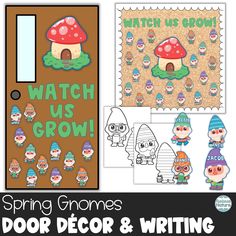 the spring gnomes door decor and writing activity pack is shown with pictures of mushrooms