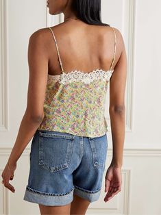 DÔEN Neria corded lace-trimmed floral-print silk-satin camisole Silk Lace Trim Camisole For Spring, Silk Lace Trim Tank Top For Spring, Silk Camisole With Lace Trim For Spring, Spring Silk Tank Top With Lace Trim, Silk Sleeveless Camisole For Daywear, Silk Cami Top For Daywear, Summer Silk Tops With Delicate Straps, Silk Strappy Top For Summer, Silk Tops With Delicate Straps For Summer