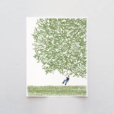 a greeting card with a boy sitting under a tree on the grass, surrounded by tiny green leaves