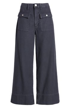 Patch pockets and wide hems add '70s-inspired style to high-rise, ankle-cropped wide-leg pants made from soft, faded twill. 27" inseam; 22" leg opening; 12" front rise; 14" back rise (size 29) Zip fly with button closure Front button-flap patch pockets; back patch pockets 100% cotton Machine wash, dry flat Made in Turkey Wide Leg Flare Jeans With Patch Pockets For Work, Retro Wide Leg Pants For Work In Fall, Spring Utility Wide Leg Pants, Wide Leg Flare Jeans With Patch Pockets For Fall, Fall Wide Leg Pants With Patch Pockets, Spring Utility Wide Leg Flare Jeans, Cotton Culottes With Pockets For Fall, Fall Cotton Culottes With Pockets, Retro Wide Leg Bottoms With Patch Pockets