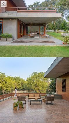 two pictures of the outside of a house, one with an open patio and another with furniture