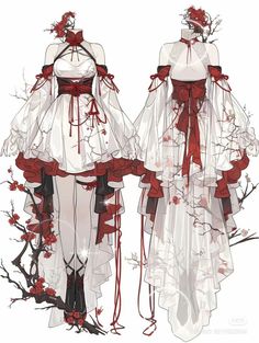 two dresses with red ribbons and bows on them