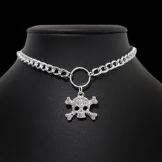 Sparkly Silver Rhinestone Skull Choker Necklace.  ** 2" Chain Extender for Size Adjustment.  ** Lobster Clasp Closure.  CB159  #Choker #Necklace #skulls #gothicjewelry #punk men women unisex gothic whimsigoth Skull Choker, Punk Rockstar, Skeleton Necklace, Rhinestone Skull, Diamond Skull, Punk Men, Alt Clothes, Quirky Earrings, Skull Necklace