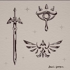 four different types of swords with wings and symbols on them, all drawn in black ink